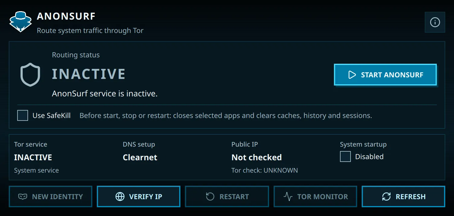 AnonSurf 6 dashboard with routing inactive