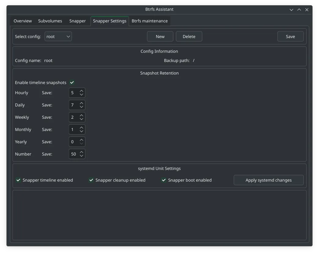 Btrfs Assistant root snapshot retention settings